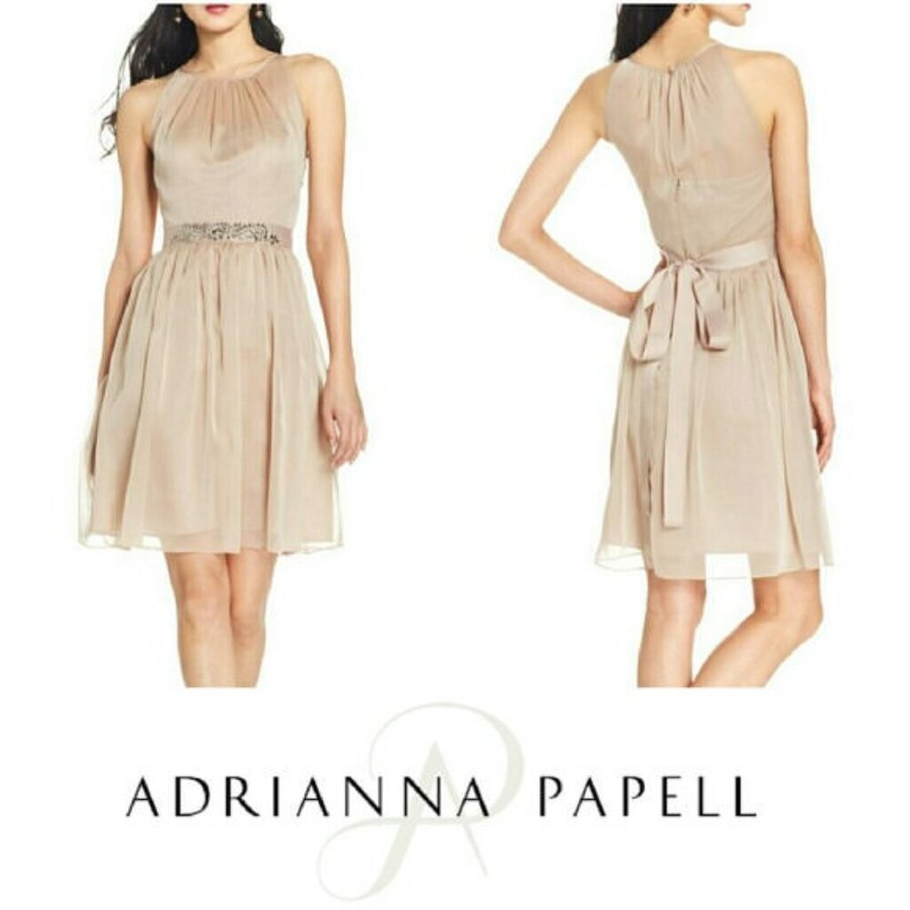 Adrianna Papell Beige Chiffon Halter Cocktail Dress